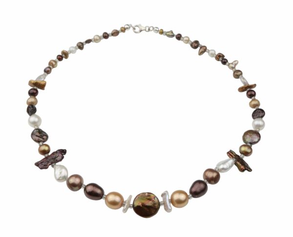 Perlenkette kurz mit braunen Perlen sowie verschiedenen Formen und Silberschluss handgemachtes Unikat