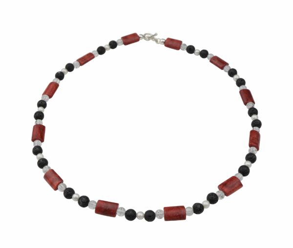 Lava-Korallen-Bergkristall-Perlenkette mit Silberverschluss handgemachtes Unikat